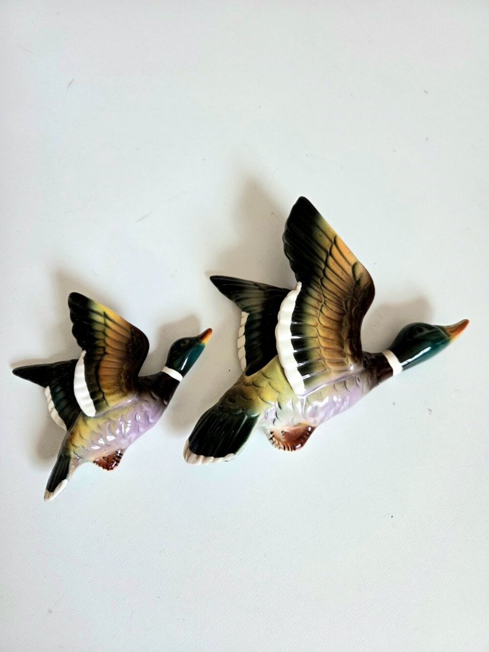 2 Vintage Ceramic Small Wall Pockets Planters Flying Ducks.